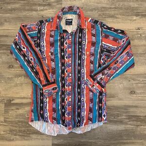 Vintage Wrangler Cowboy Cut Western Aztec Brushpopper Button Shirt Size 16-34